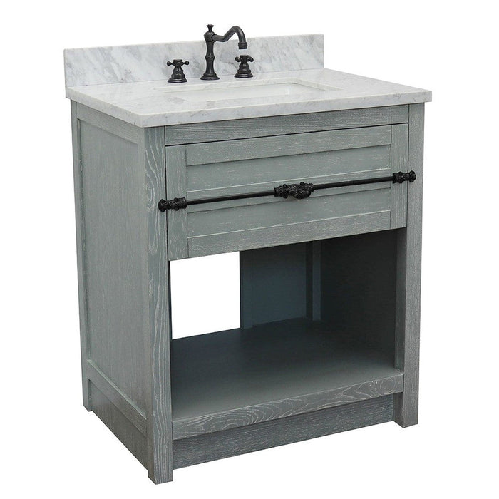 Bellaterra Home Plantation 31" 1-Drawer Gray Ash Freestanding Vanity Set With Ceramic Undermount Rectangular Sink and White Carrara Marble Top - Luxe Vanity & Tub