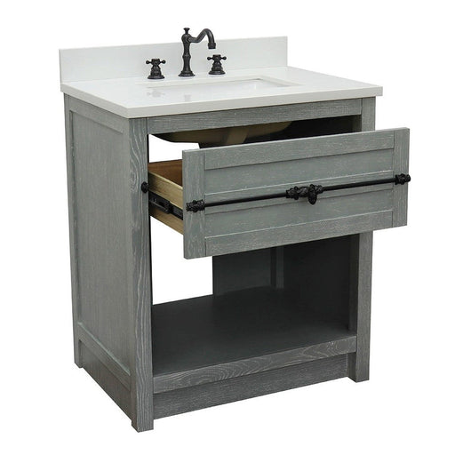 Bellaterra Home Plantation 31" 1-Drawer Gray Ash Freestanding Vanity Set With Ceramic Undermount Rectangular Sink and White Quartz Top - Luxe Vanity & Tub