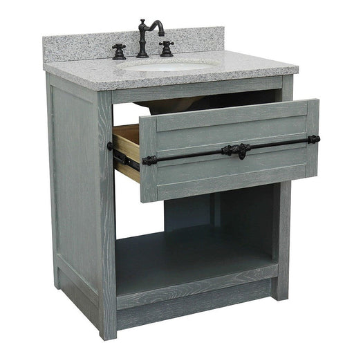 Bellaterra Home Plantation 31" 1-Drawer Gray Ash Freestanding Vanity Set With Ceramic Undermout Oval Sink and Gray Granite Top - Luxe Vanity & Tub