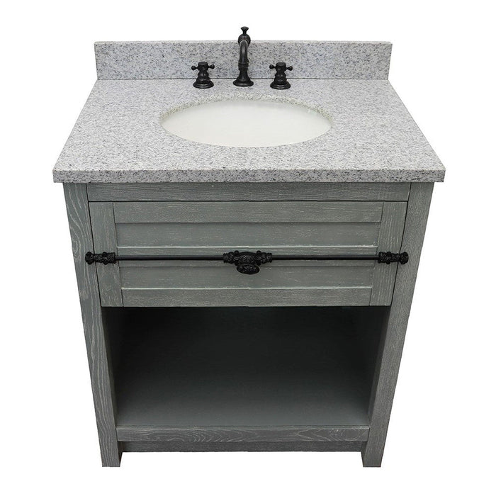 Bellaterra Home Plantation 31" 1-Drawer Gray Ash Freestanding Vanity Set With Ceramic Undermout Oval Sink and Gray Granite Top - Luxe Vanity & Tub