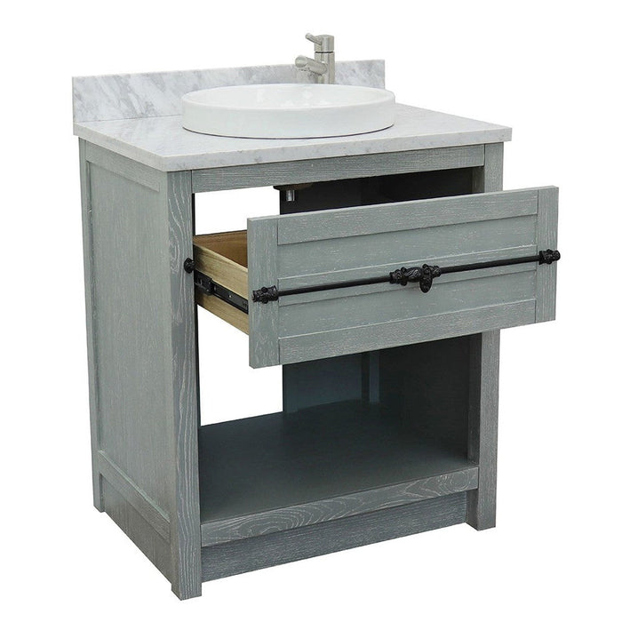 Bellaterra Home Plantation 31" 1-Drawer Gray Ash Freestanding Vanity Set With Ceramic Vessel Sink and White Carrara Marble Top - Luxe Vanity & Tub