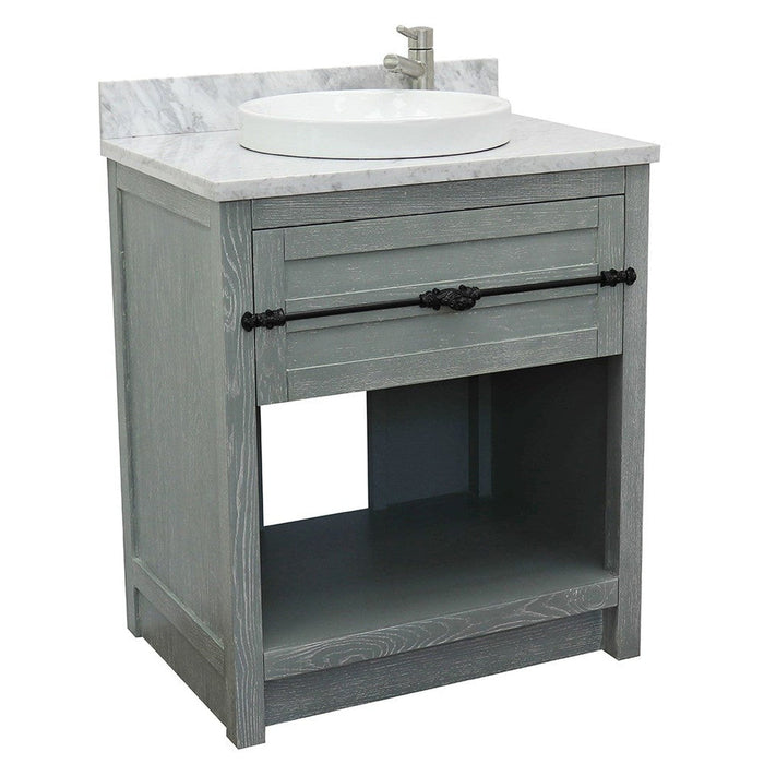 Bellaterra Home Plantation 31" 1-Drawer Gray Ash Freestanding Vanity Set With Ceramic Vessel Sink and White Carrara Marble Top - Luxe Vanity & Tub