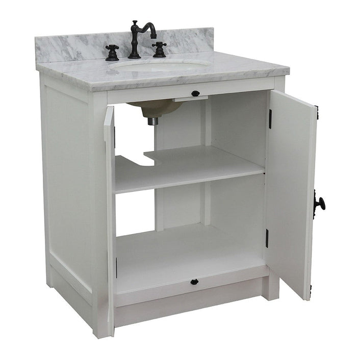 Bellaterra Home Plantation 31" 2-Door Glacier Ash Freestanding Vanity Set With Ceramic Undermount Oval Sink and White Carrara Marble Top - Luxe Vanity & Tub