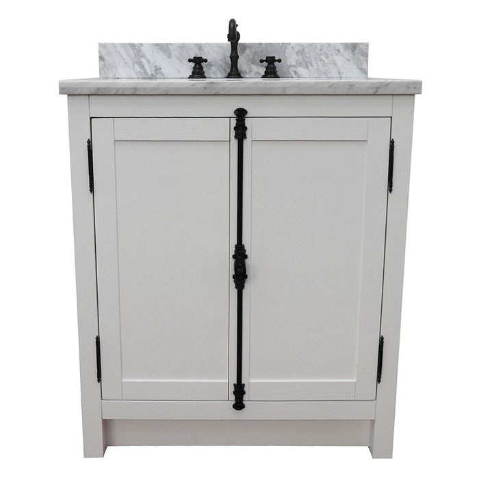 Bellaterra Home Plantation 31" 2-Door Glacier Ash Freestanding Vanity Set With Ceramic Undermount Oval Sink and White Carrara Marble Top - Luxe Vanity & Tub