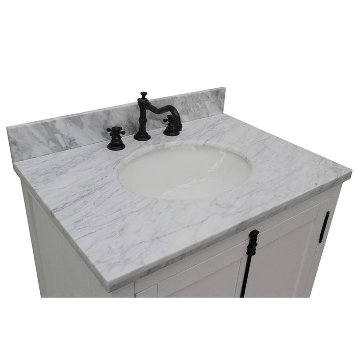 Bellaterra Home Plantation 31" 2-Door Glacier Ash Freestanding Vanity Set With Ceramic Undermount Oval Sink and White Carrara Marble Top - Luxe Vanity & Tub