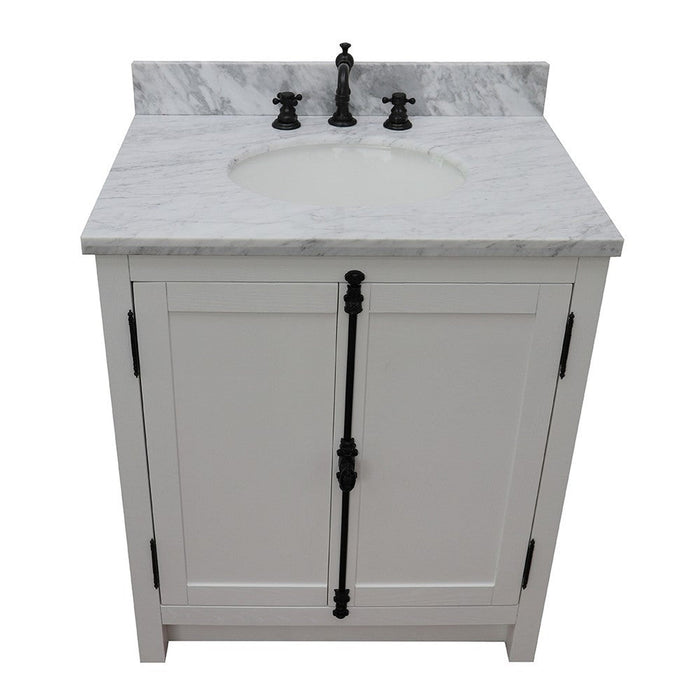 Bellaterra Home Plantation 31" 2-Door Glacier Ash Freestanding Vanity Set With Ceramic Undermount Oval Sink and White Carrara Marble Top - Luxe Vanity & Tub