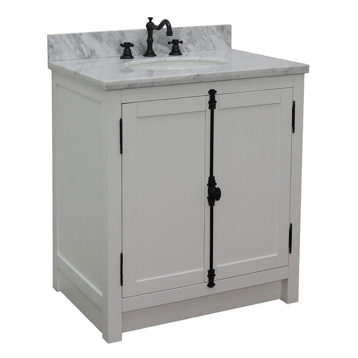 Bellaterra Home Plantation 31" 2-Door Glacier Ash Freestanding Vanity Set With Ceramic Undermount Oval Sink and White Carrara Marble Top - Luxe Vanity & Tub