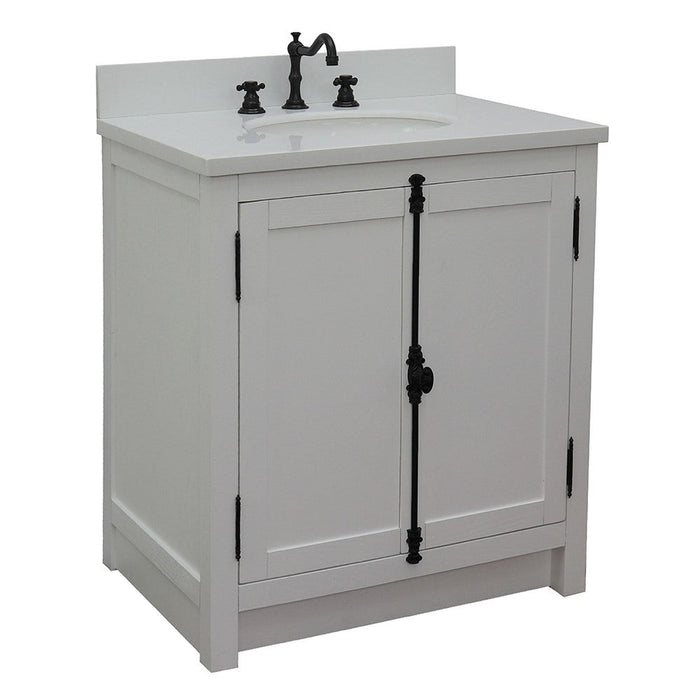 Bellaterra Home Plantation 31" 2-Door Glacier Ash Freestanding Vanity Set With Ceramic Undermount Oval Sink and White Quartz Top - Luxe Vanity & Tub