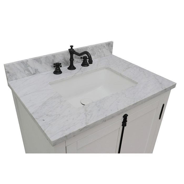 Bellaterra Home Plantation 31" 2-Door Glacier Ash Freestanding Vanity Set With Ceramic Undermount Rectangular Sink and White Carrara Marble Top - Luxe Vanity & Tub