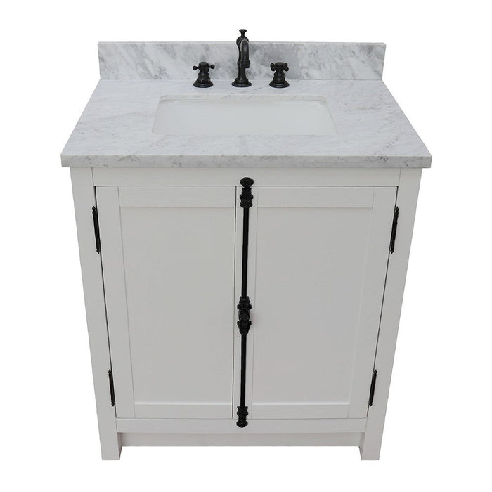 Bellaterra Home Plantation 31" 2-Door Glacier Ash Freestanding Vanity Set With Ceramic Undermount Rectangular Sink and White Carrara Marble Top - Luxe Vanity & Tub