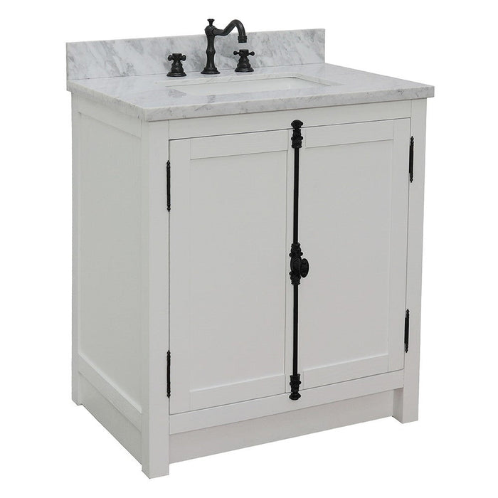 Bellaterra Home Plantation 31" 2-Door Glacier Ash Freestanding Vanity Set With Ceramic Undermount Rectangular Sink and White Carrara Marble Top - Luxe Vanity & Tub