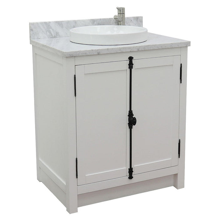 Bellaterra Home Plantation 31" 2-Door Glacier Ash Freestanding Vanity Set With Ceramic Vessel Sink and White Carrara Marble Top - Luxe Vanity & Tub