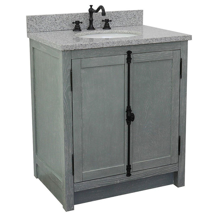 Bellaterra Home Plantation 31" 2-Door Gray Ash Freestanding Vanity Set With Ceramic Undermount Oval Sink and Gray Granite Top - Luxe Vanity & Tub