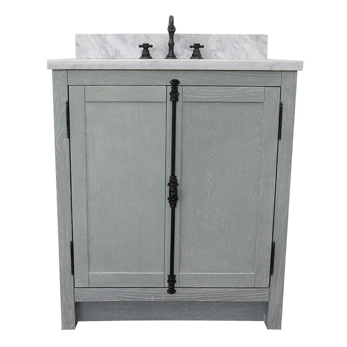 Bellaterra Home Plantation 31" 2-Door Gray Ash Freestanding Vanity Set With Ceramic Undermount Oval Sink and White Carrara Marble Top - Luxe Vanity & Tub