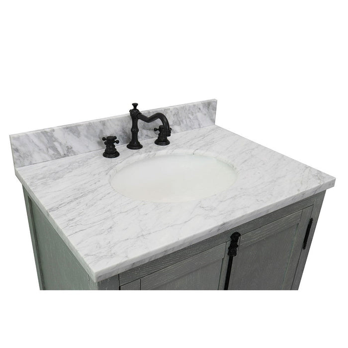 Bellaterra Home Plantation 31" 2-Door Gray Ash Freestanding Vanity Set With Ceramic Undermount Oval Sink and White Carrara Marble Top - Luxe Vanity & Tub