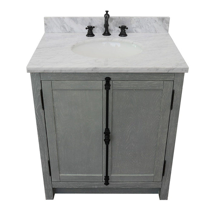 Bellaterra Home Plantation 31" 2-Door Gray Ash Freestanding Vanity Set With Ceramic Undermount Oval Sink and White Carrara Marble Top - Luxe Vanity & Tub