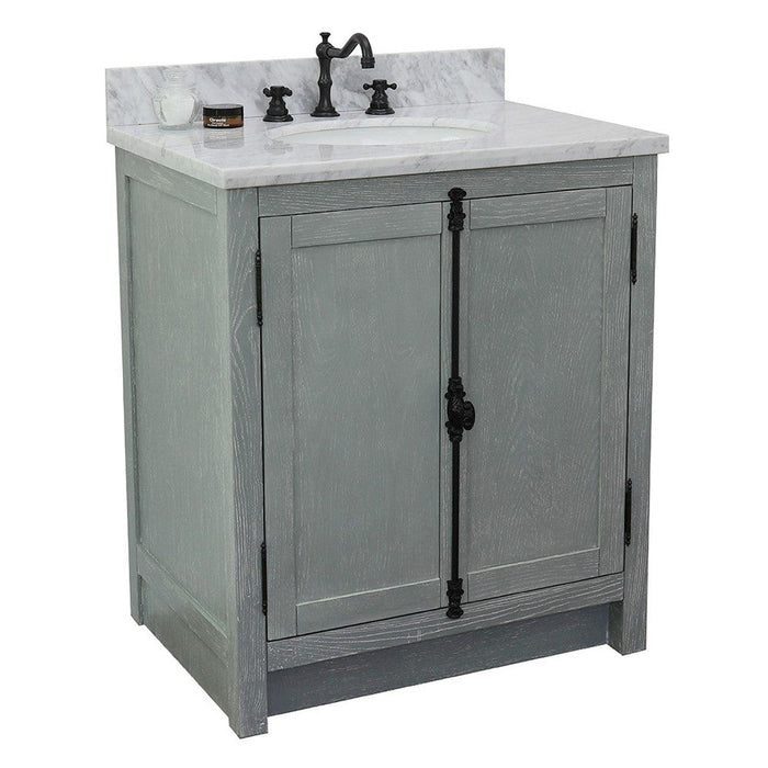 Bellaterra Home Plantation 31" 2-Door Gray Ash Freestanding Vanity Set With Ceramic Undermount Oval Sink and White Carrara Marble Top - Luxe Vanity & Tub