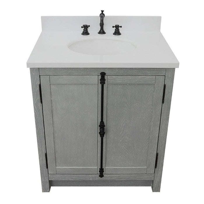 Bellaterra Home Plantation 31" 2-Door Gray Ash Freestanding Vanity Set With Ceramic Undermount Oval Sink and White Quartz Top - Luxe Vanity & Tub