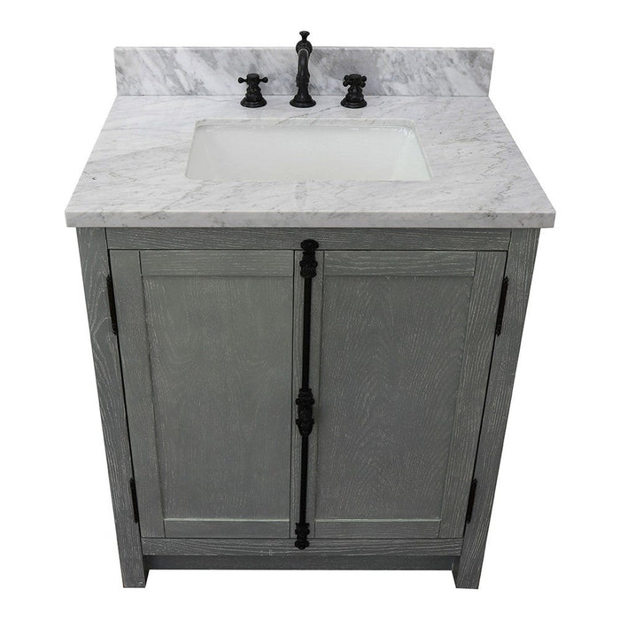 Bellaterra Home Plantation 31" 2-Door Gray Ash Freestanding Vanity Set With Ceramic Undermount Rectangular Sink and White Carrara Marble Top - Luxe Vanity & Tub