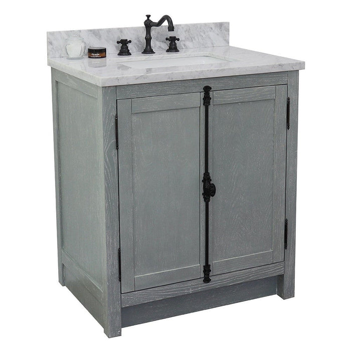 Bellaterra Home Plantation 31" 2-Door Gray Ash Freestanding Vanity Set With Ceramic Undermount Rectangular Sink and White Carrara Marble Top - Luxe Vanity & Tub