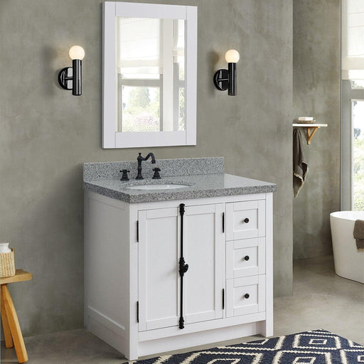 Bellaterra Home Plantation 37" 2-Door 3-Drawer Glacier Ash Freestanding Vanity Set With Ceramic Left Offset Undermount Oval Sink and Gray Granite Top