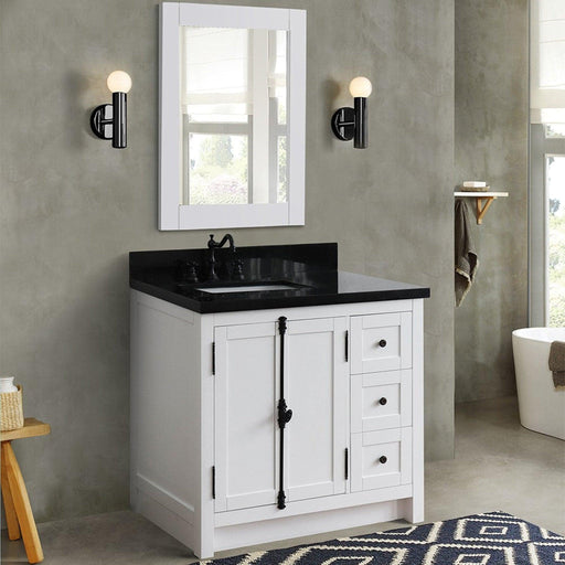 Bellaterra Home Plantation 37" 2-Door 3-Drawer Glacier Ash Freestanding Vanity Set With Ceramic Left Offset Undermount Rectangular Sink and Black Galaxy Top