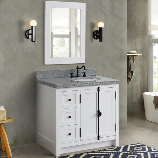 Bellaterra Home Plantation 37" 2-Door 3-Drawer Glacier Ash Freestanding Vanity Set With Ceramic Right Offset Undermount Oval Sink and Gray Granite Top