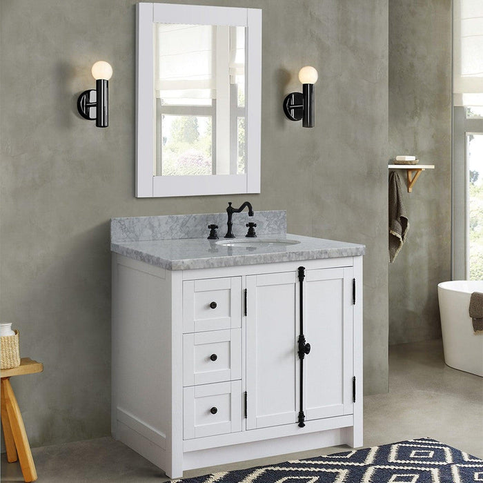 Bellaterra Home Plantation 37" 2-Door 3-Drawer Glacier Ash Freestanding Vanity Set With Ceramic Right Offset Undermount Oval Sink and White Carrara Marble Top