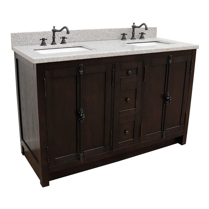 Bellaterra Home Plantation 55" 4-Door 3-Drawer Brown Ash Freestanding Vanity Set With Ceramic Undermount Rectangular Sink and Gray Granite Top