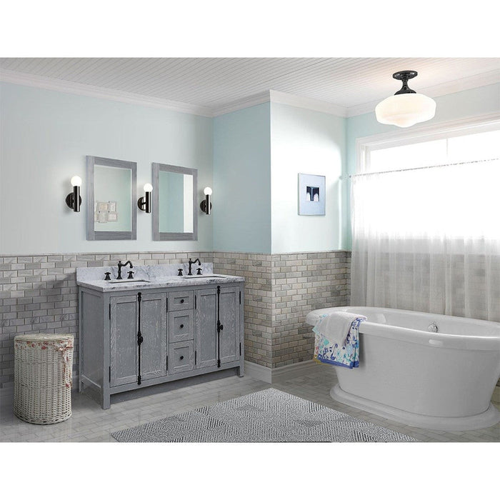 Bellaterra Home Plantation 55" 4-Door 3-Drawer Gray Ash Freestanding Vanity Set With Ceramic Undermount Rectangular Sink and White Carrara Marble Top