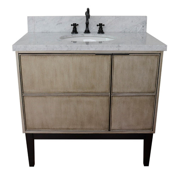 Bellaterra Home Scandi 37" 1-Door 2-Drawer Linen Brown Freestanding Vanity Set With Ceramic Undermount Oval Sink and White Carrara Marble Top - Luxe Vanity & Tub