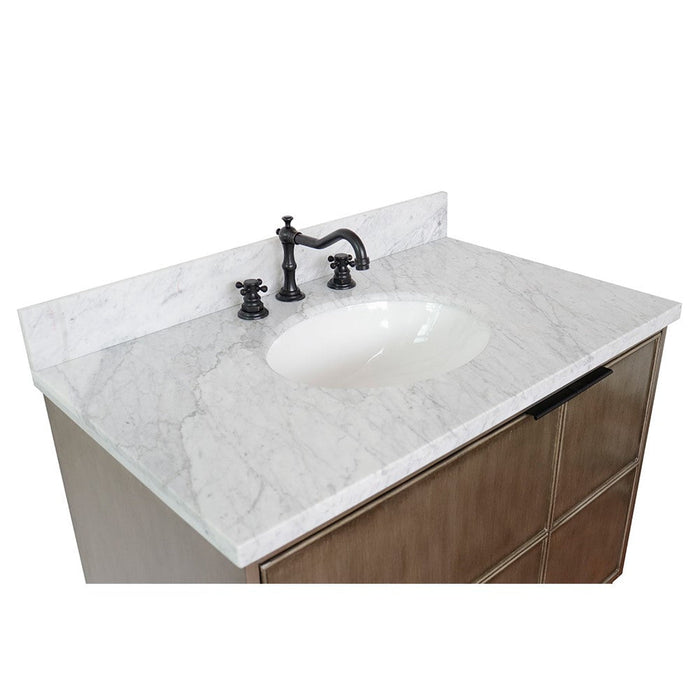 Bellaterra Home Scandi 37" 1-Door 2-Drawer Linen Brown Freestanding Vanity Set With Ceramic Undermount Oval Sink and White Carrara Marble Top - Luxe Vanity & Tub