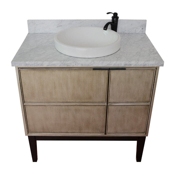 Bellaterra Home Scandi 37" 1-Door 2-Drawer Linen Brown Freestanding Vanity Set With Ceramic Vessel Sink and White Carrara Marble Top - Luxe Vanity & Tub