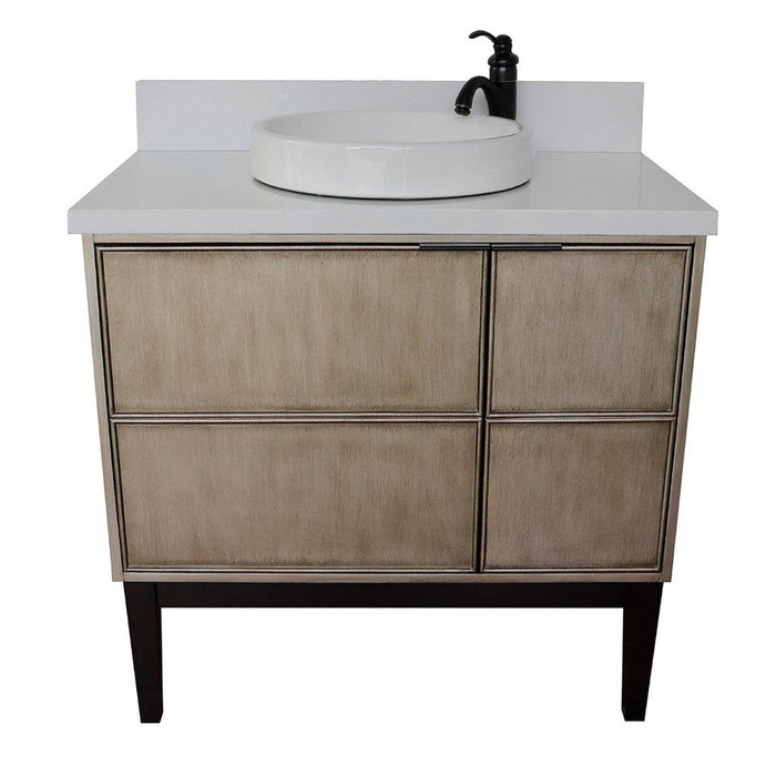 Bellaterra Home Scandi 37" 1-Door 2-Drawer Linen Brown Freestanding Vanity Set With Ceramic Vessel Sink and White Quartz Top - Luxe Vanity & Tub