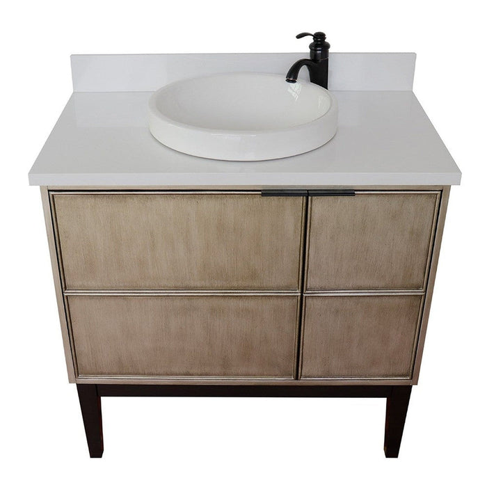 Bellaterra Home Scandi 37" 1-Door 2-Drawer Linen Brown Freestanding Vanity Set With Ceramic Vessel Sink and White Quartz Top - Luxe Vanity & Tub