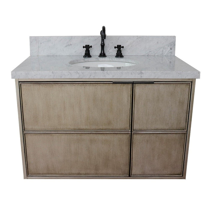 Bellaterra Home Scandi 37" 1-Door 2-Drawer Linen Brown Wall-Mount Vanity Set With Ceramic Undermount Oval Sink and White Carrara Marble Top - Luxe Vanity & Tub