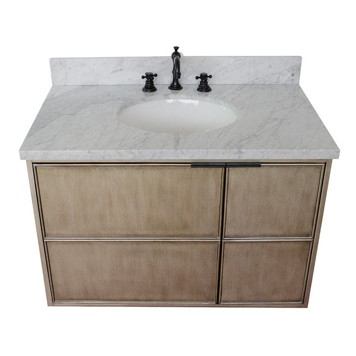 Bellaterra Home Scandi 37" 1-Door 2-Drawer Linen Brown Wall-Mount Vanity Set With Ceramic Undermount Oval Sink and White Carrara Marble Top - Luxe Vanity & Tub