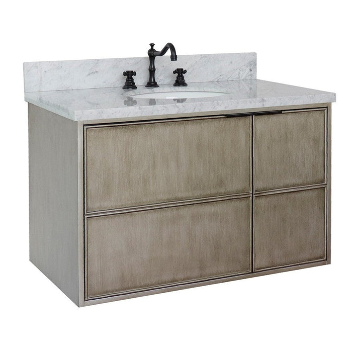 Bellaterra Home Scandi 37" 1-Door 2-Drawer Linen Brown Wall-Mount Vanity Set With Ceramic Undermount Oval Sink and White Carrara Marble Top - Luxe Vanity & Tub