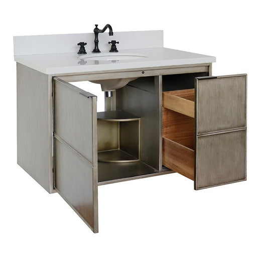 Bellaterra Home Scandi 37" 1-Door 2-Drawer Linen Brown Wall-Mount Vanity Set With Ceramic Undermount Oval Sink and White Quartz Top - Luxe Vanity & Tub