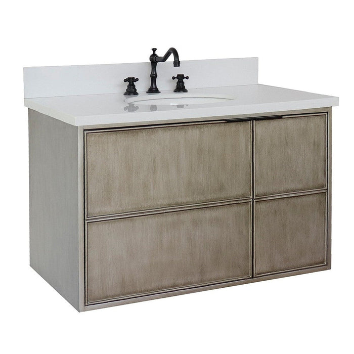 Bellaterra Home Scandi 37" 1-Door 2-Drawer Linen Brown Wall-Mount Vanity Set With Ceramic Undermount Oval Sink and White Quartz Top - Luxe Vanity & Tub