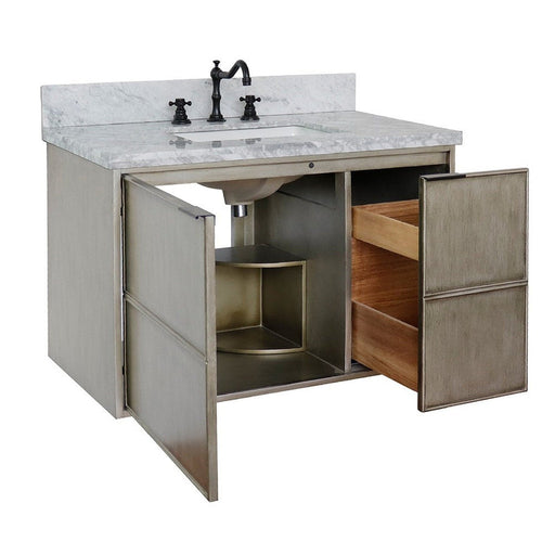 Bellaterra Home Scandi 37" 1-Door 2-Drawer Linen Brown Wall-Mount Vanity Set With Ceramic Undermount Rectangular Sink and White Carrara Marble Top - Luxe Vanity & Tub