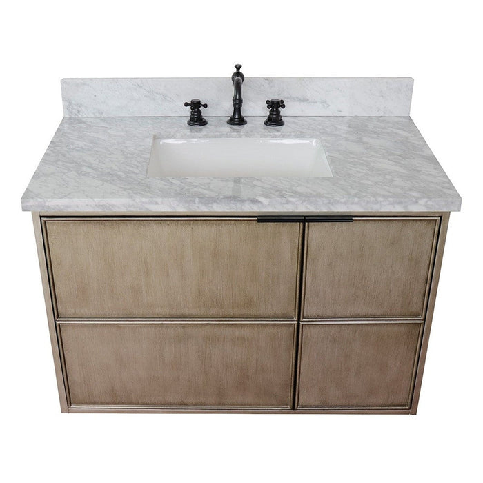 Bellaterra Home Scandi 37" 1-Door 2-Drawer Linen Brown Wall-Mount Vanity Set With Ceramic Undermount Rectangular Sink and White Carrara Marble Top - Luxe Vanity & Tub