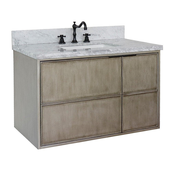 Bellaterra Home Scandi 37" 1-Door 2-Drawer Linen Brown Wall-Mount Vanity Set With Ceramic Undermount Rectangular Sink and White Carrara Marble Top - Luxe Vanity & Tub