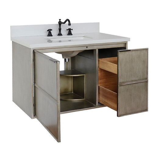 Bellaterra Home Scandi 37" 1-Door 2-Drawer Linen Brown Wall-Mount Vanity Set With Ceramic Undermount Rectangular Sink and White Quartz Top - Luxe Vanity & Tub