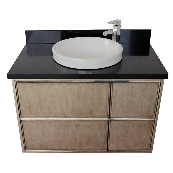 Bellaterra Home Scandi 37" 1-Door 2-Drawer Linen Brown Wall-Mount Vanity Set With Ceramic Vessel Sink and Black Galaxy Top - Luxe Vanity & Tub