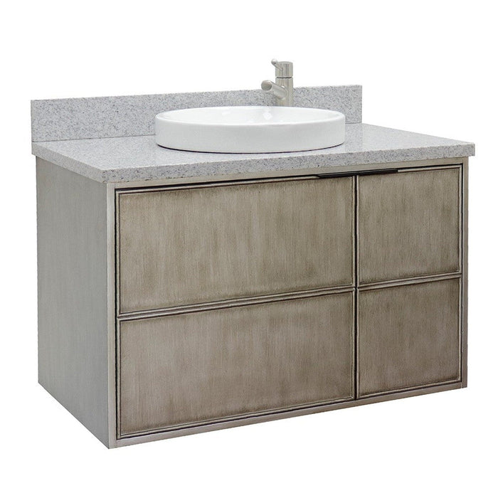 Bellaterra Home Scandi 37" 1-Door 2-Drawer Linen Brown Wall-Mount Vanity Set With Ceramic Vessel Sink and Gray Granite Top - Luxe Vanity & Tub