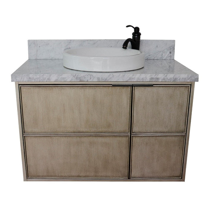 Bellaterra Home Scandi 37" 1-Door 2-Drawer Linen Brown Wall-Mount Vanity Set With Ceramic Vessel Sink and White Carrara Marble Top - Luxe Vanity & Tub