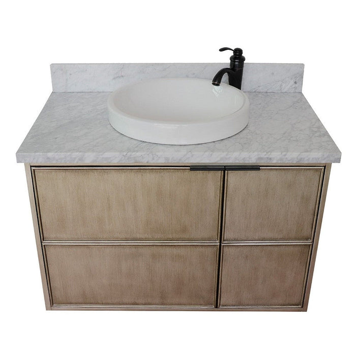 Bellaterra Home Scandi 37" 1-Door 2-Drawer Linen Brown Wall-Mount Vanity Set With Ceramic Vessel Sink and White Carrara Marble Top - Luxe Vanity & Tub