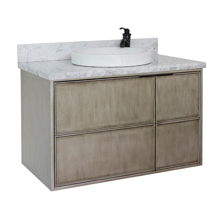 Bellaterra Home Scandi 37" 1-Door 2-Drawer Linen Brown Wall-Mount Vanity Set With Ceramic Vessel Sink and White Carrara Marble Top - Luxe Vanity & Tub