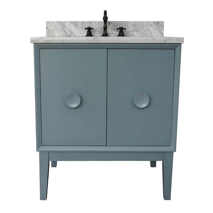 Bellaterra Home Stora 31" 2-Door 1-Drawer Aqua Blue Freestanding Vanity Set With Ceramic Undermount Oval Sink and White Carrara Marble Top - Luxe Vanity & Tub